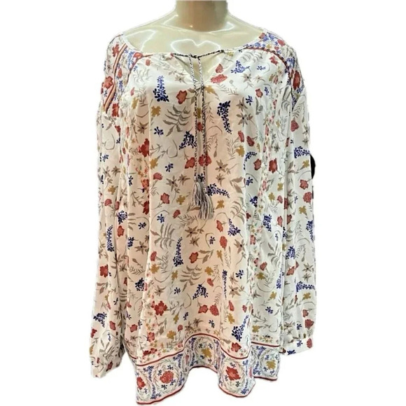 Woman Within +26/28 Fall Floral Print Tie Tassel Neck Long Sleeve Tunic Blouse - Picture 2 of 6